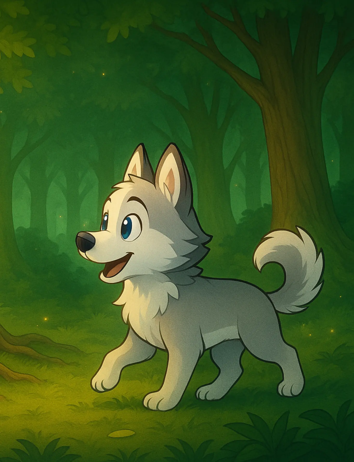 Yukon the husky puppy exploring the magical forest